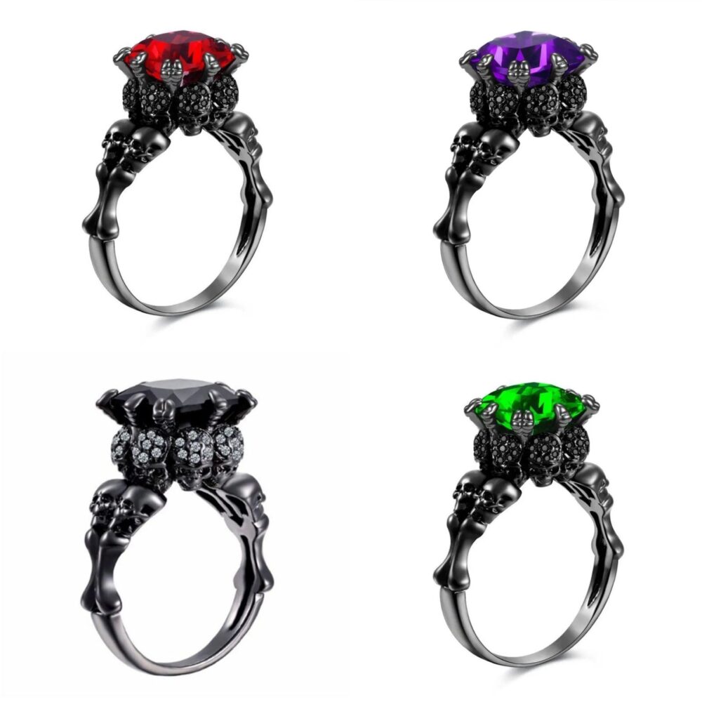 Bague gothique tête de mort noire avec pierre précieuse – Anneau punk rock femme Design sans titre 22