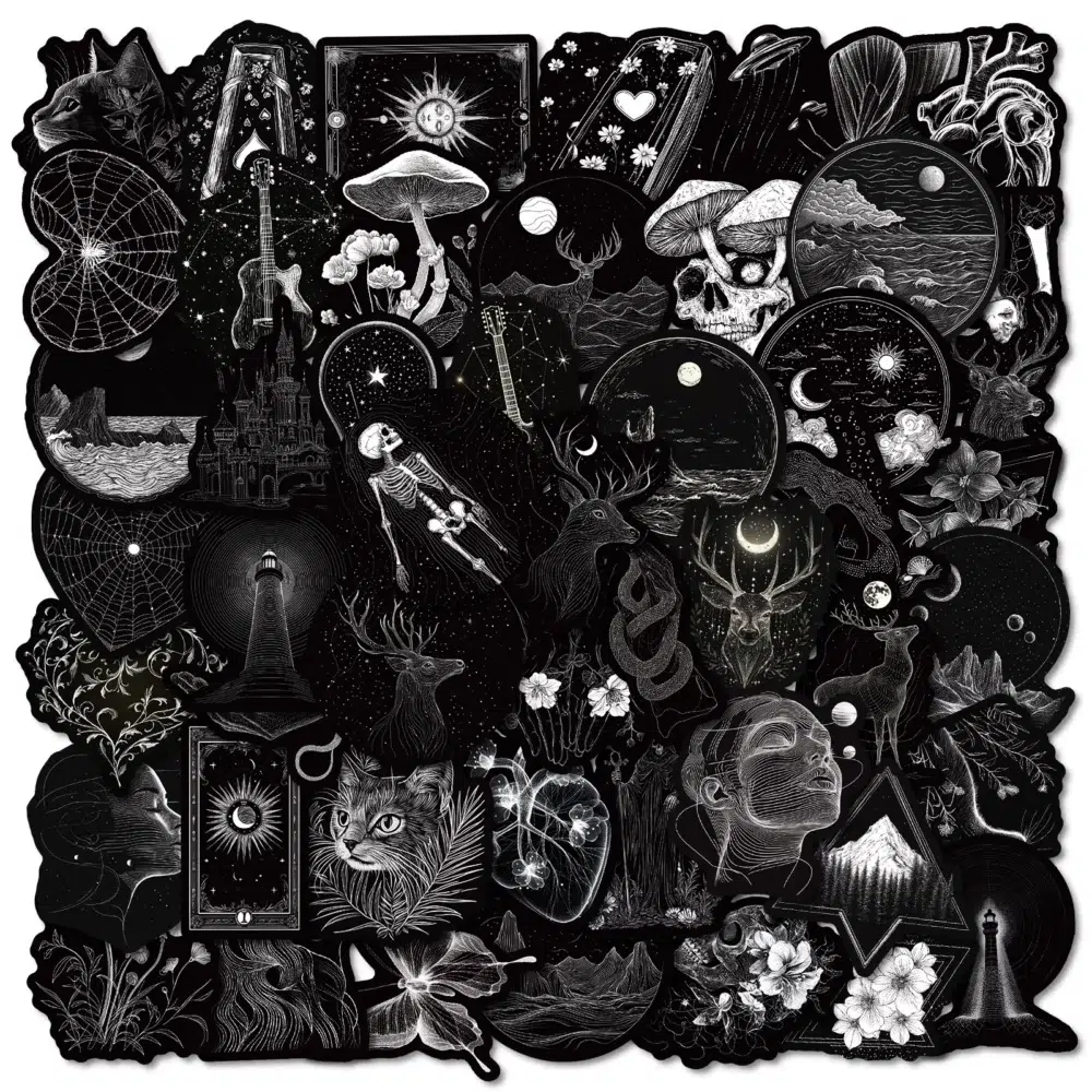 Lot de 50 Stickers Gothiques Noirs & Blancs – Illustrations Mystiques, Lune, Nature et Animaux S2bcca78e394d44c7ba33ad6c00915e97F