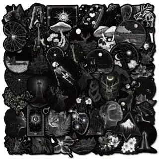 Lot de 50 Stickers Gothiques Noirs & Blancs – Illustrations Mystiques, Lune, Nature et Animaux