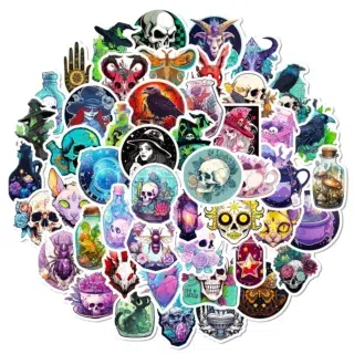 Lot de 50 Stickers Ésotériques Colorés – Sorcellerie, Crânes, Potions et Magie Mystique